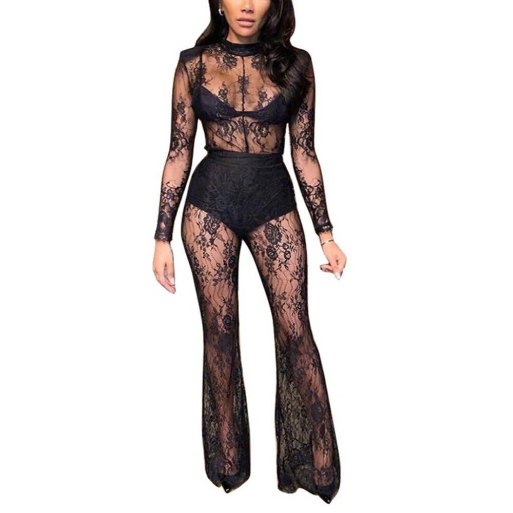 Women's Mesh Sheer See Through Jumpsuit Long Sleeve Floral Lace XL